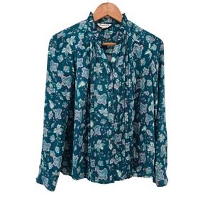 Nanette Lepore Teal Floral Blouse Size 8 Ruffle Neck Long‎ Sleeve Boho